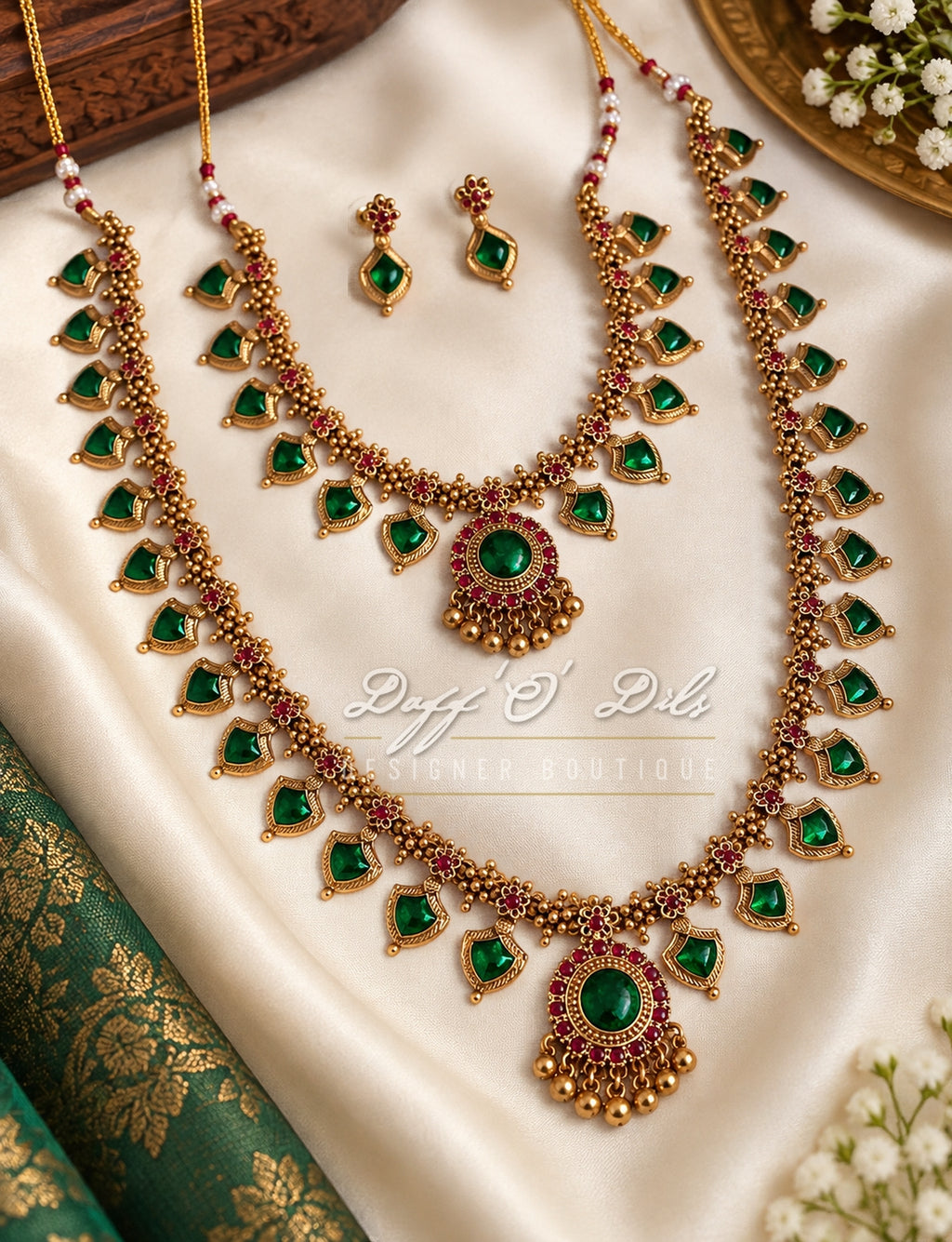 EMERALD GREEN ELEGANT TRADITIONAL PALAKKA NECKLACE SET