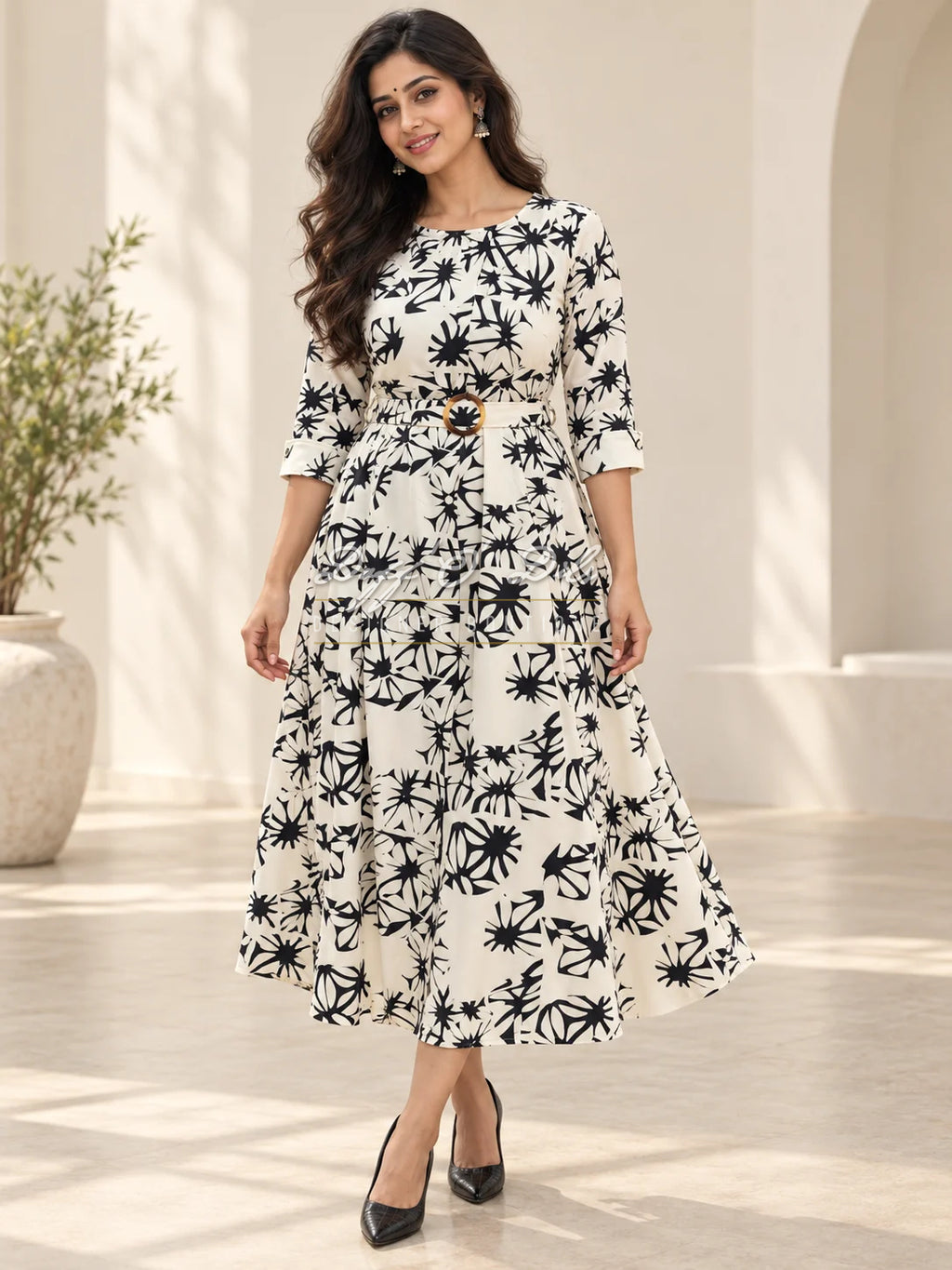 Rayon Printed Gown with Buckle Waist Belt