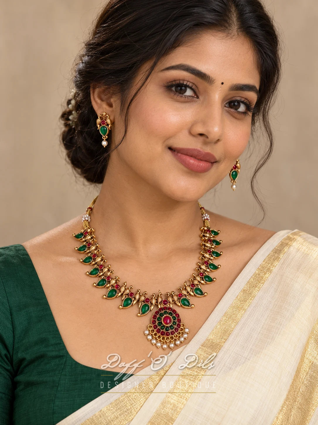 Traditional Antique Green & Red Gold-Tone Jewelry Set