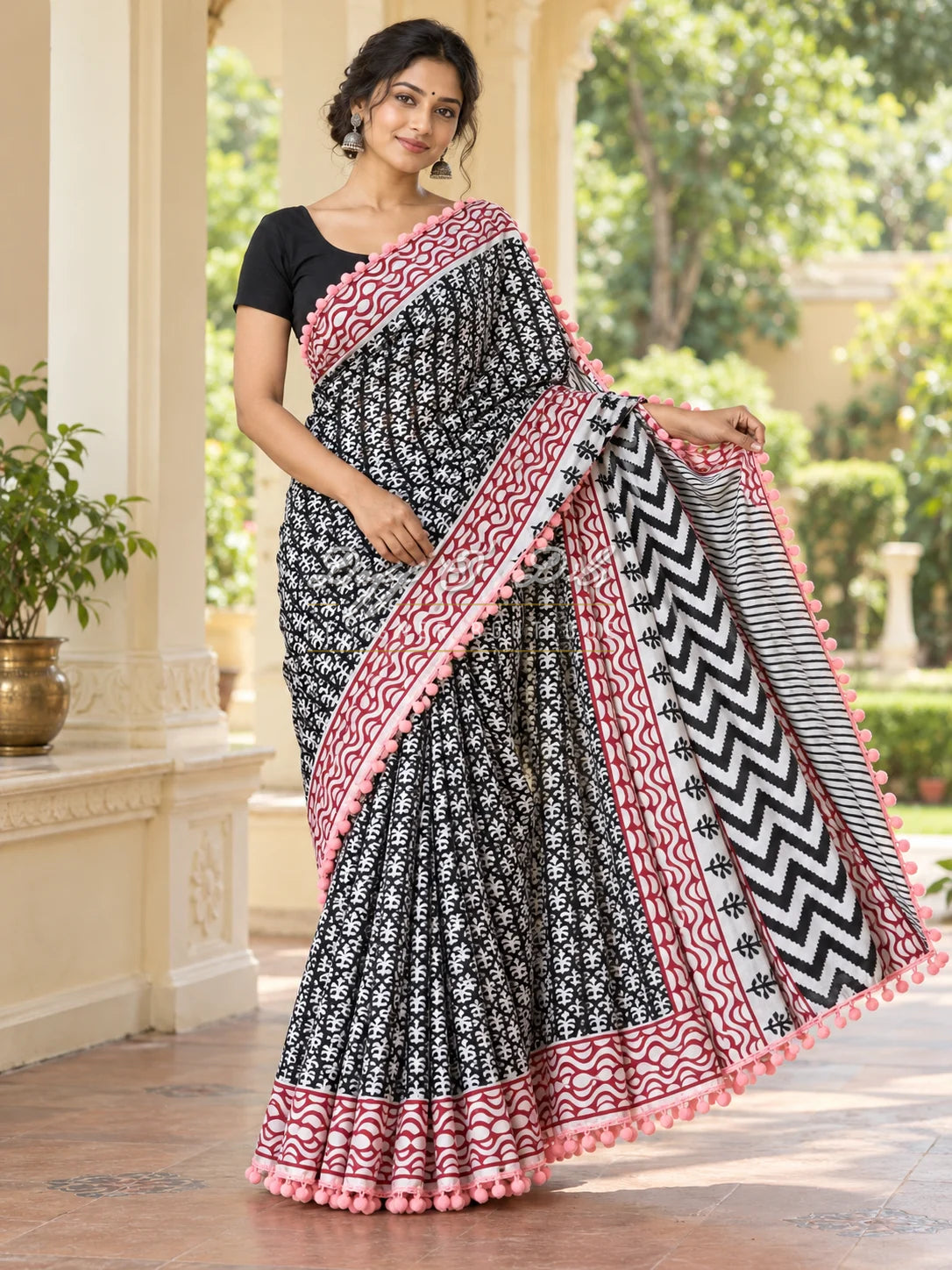 Black Bagru Printed Pure Cotton Mulmul Saree with Pom Pom Lace