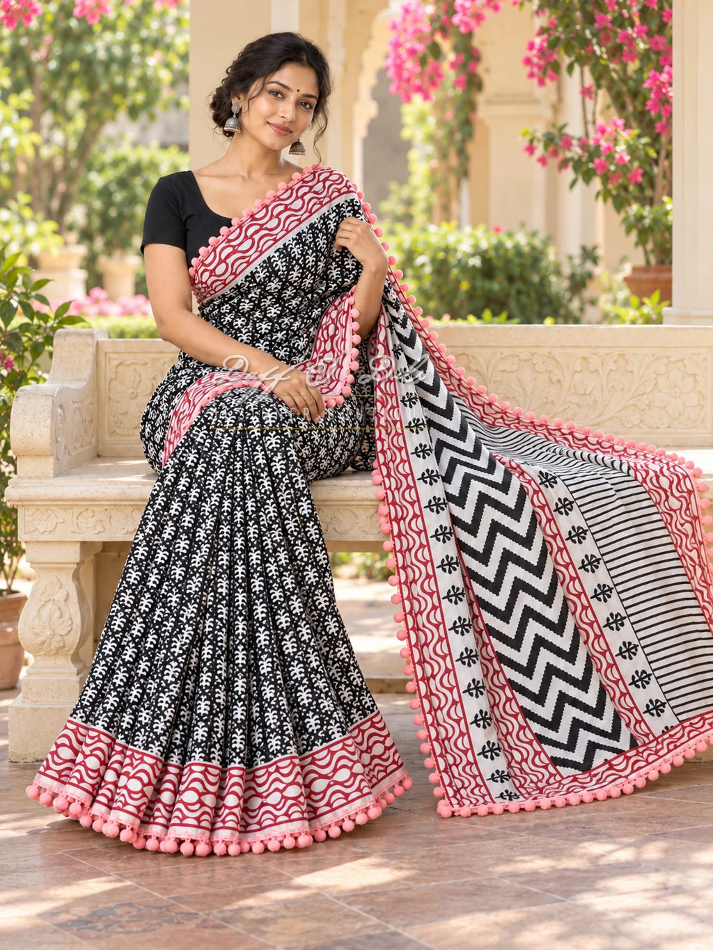 Black Bagru Printed Pure Cotton Mulmul Saree with Pom Pom Lace
