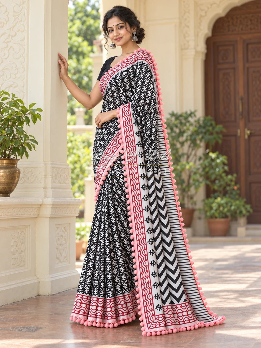 Black Bagru Printed Pure Cotton Mulmul Saree with Pom Pom Lace