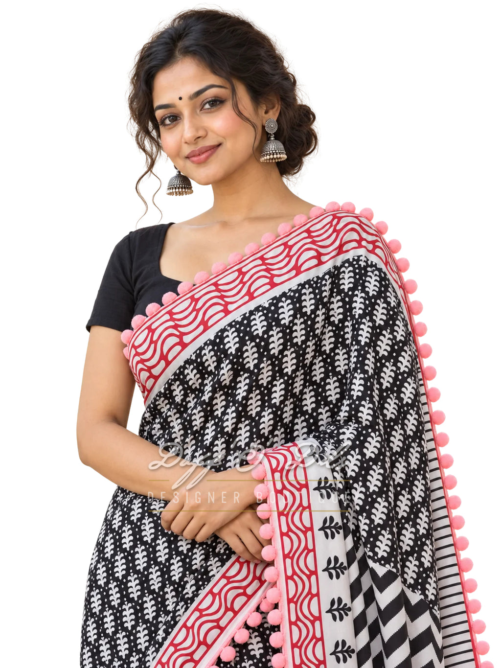 Black Bagru Printed Pure Cotton Mulmul Saree with Pom Pom Lace