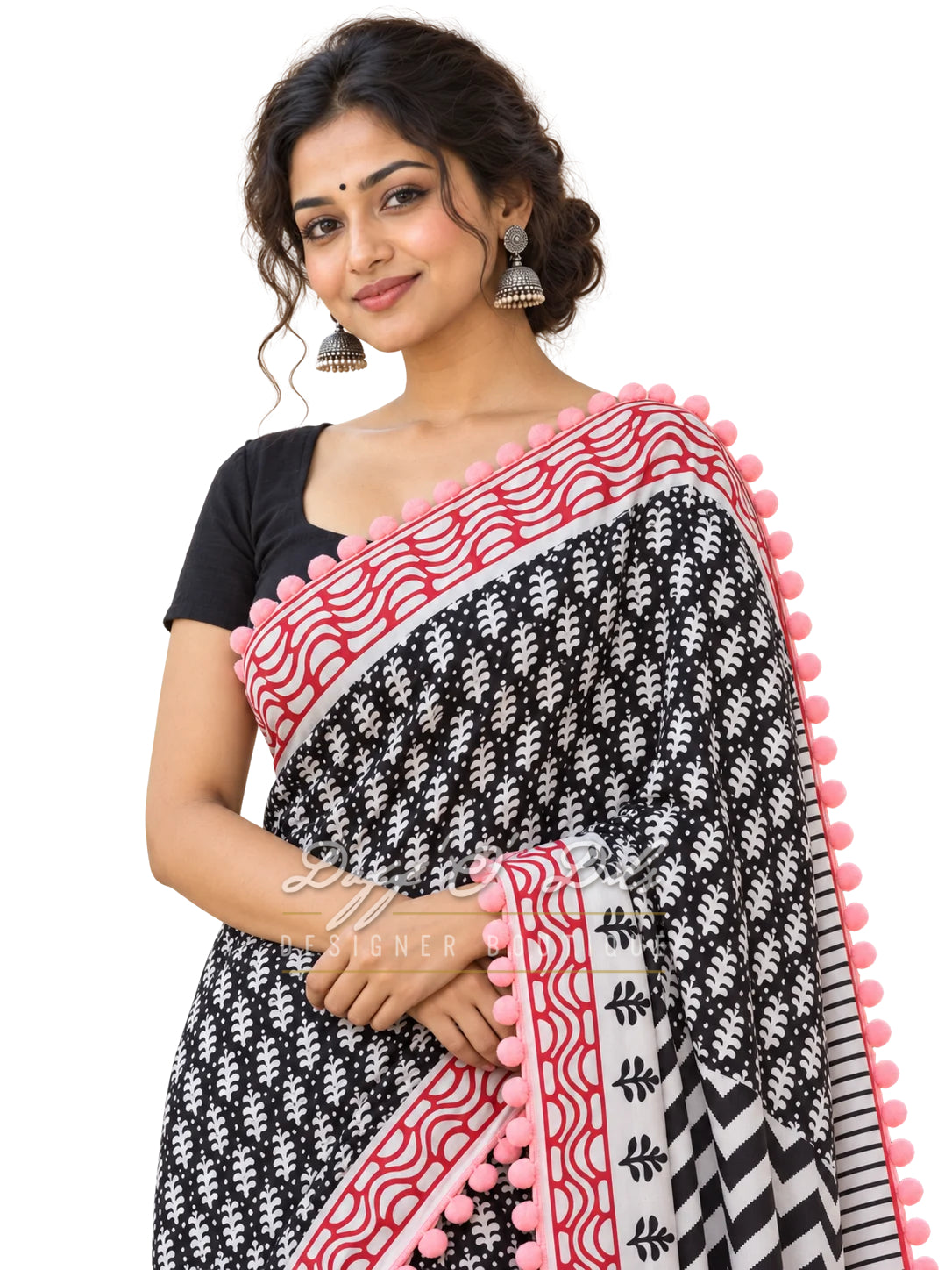 Black Bagru Printed Pure Cotton Mulmul Saree with Pom Pom Lace