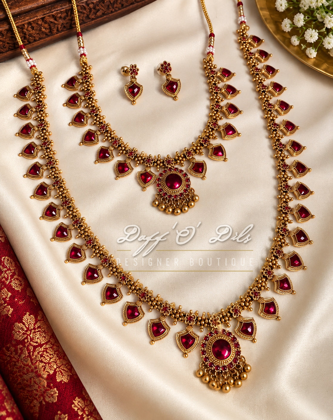 RUBY RED ELEGANT TRADITIONAL PALAKKA NECKLACE SET