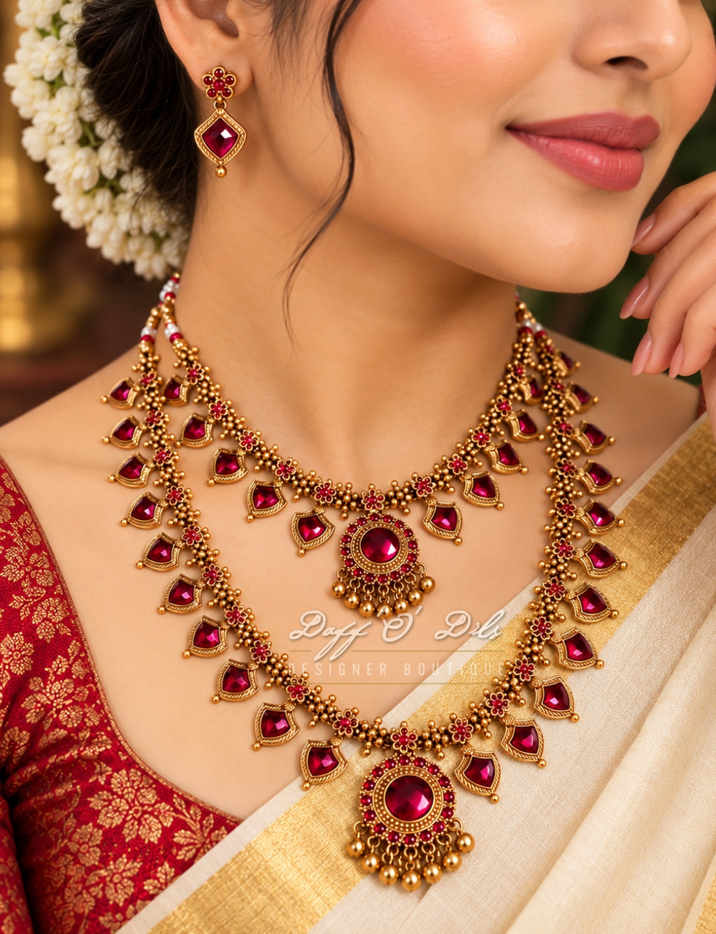 RUBY RED ELEGANT TRADITIONAL PALAKKA NECKLACE SET