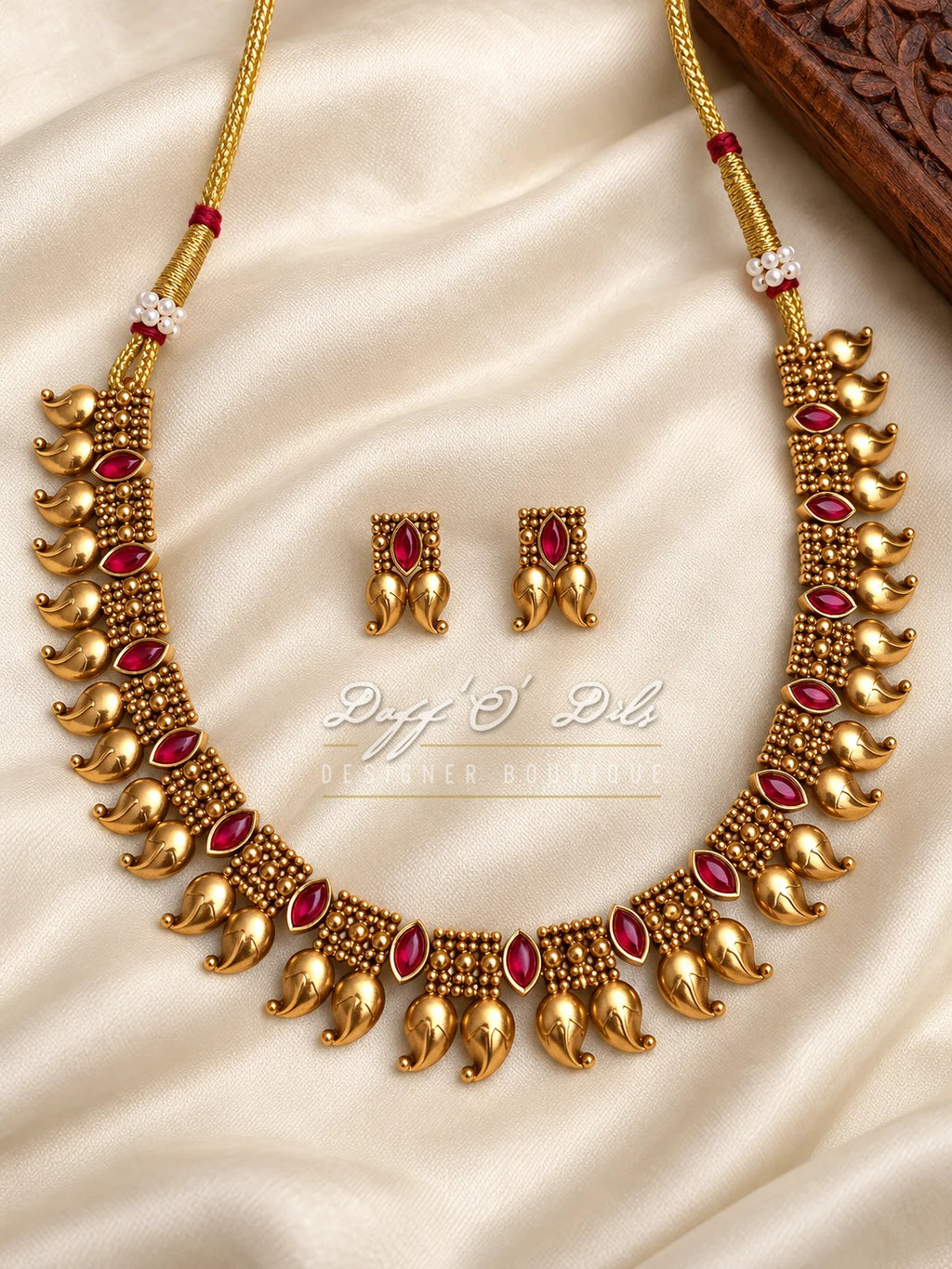 Traditional Antique Gold-Tone &amp; Ruby-Red Mango Motif Jewelry Set