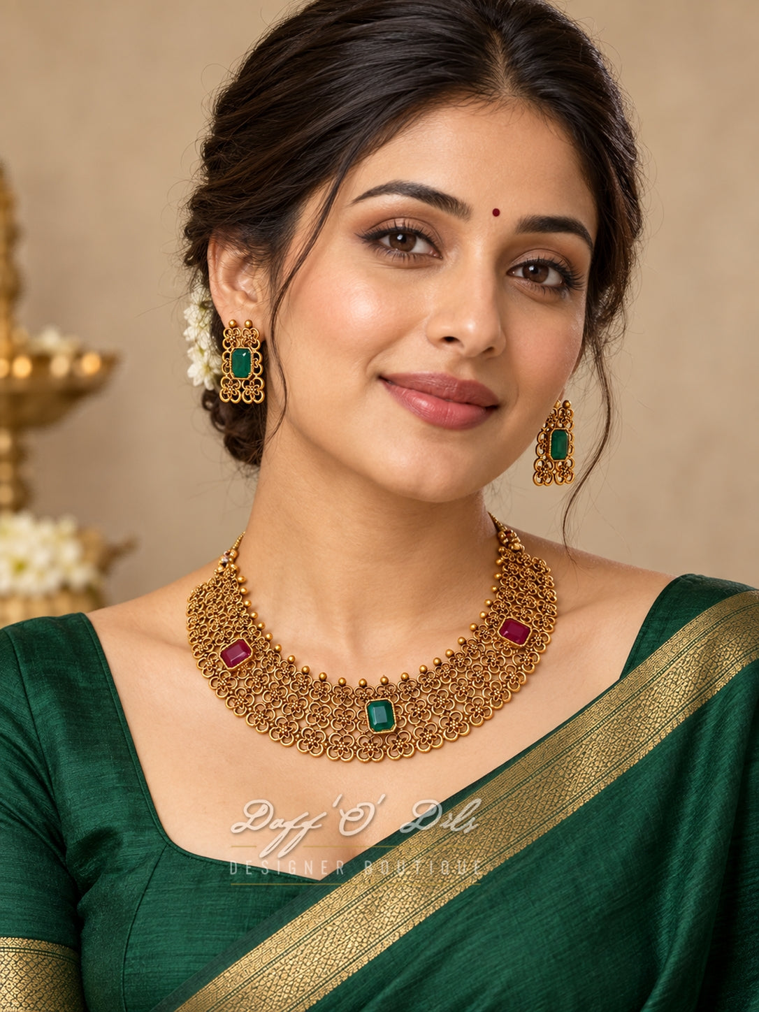 ANTIQUE GOLD-TONE NECKLACE & EARRING SET
