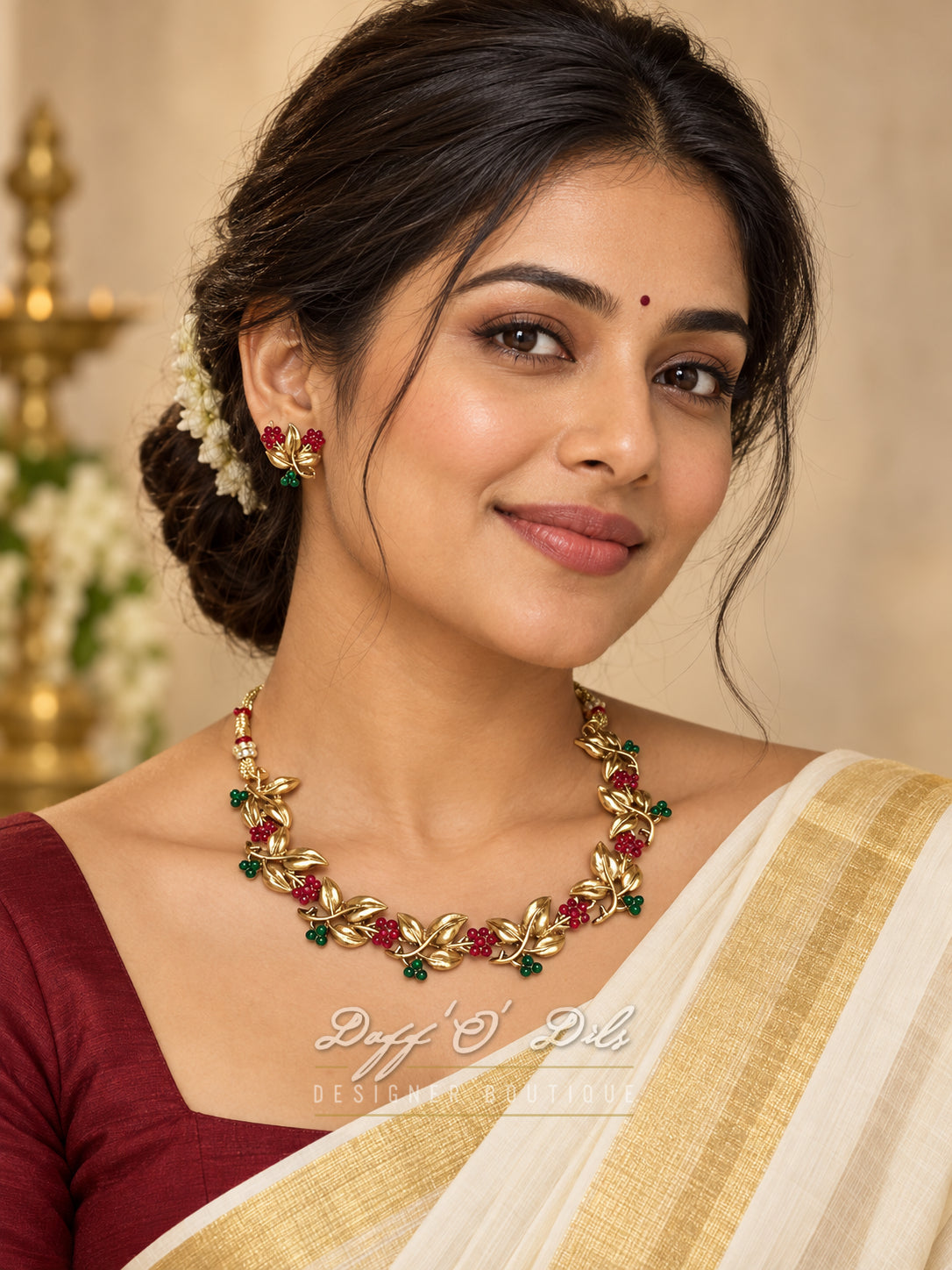 Traditional Antique Gold-Tone Floral &amp; Leaf Jewelry Set